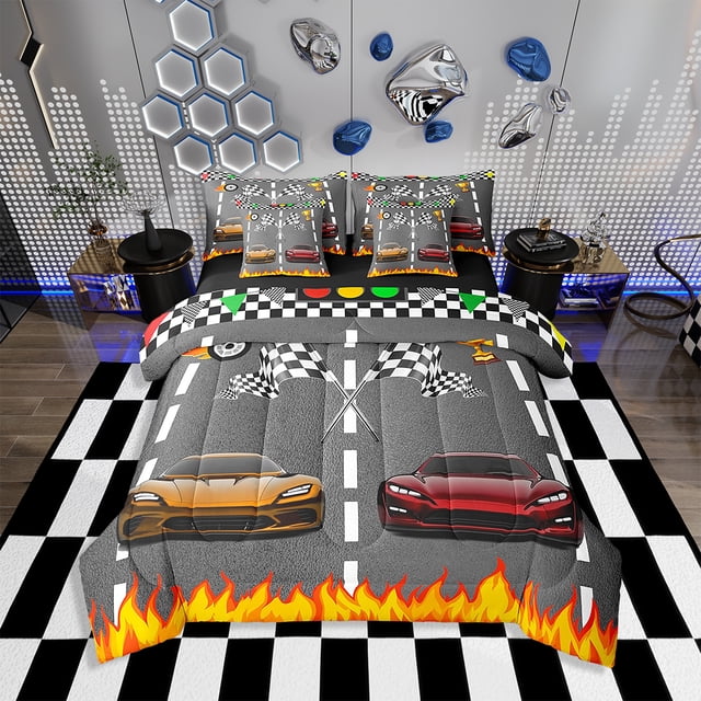 Erosebridal Ensemble Couette Pleine 7 Pcs, Voiture de Course Rapide Réversible Lit en Sac Pleine, Ensemble de Literie Pleine Voiture de Course, Couette Voiture de Course, Drap Plat, Drap-Housse, Taies d'Oreiller