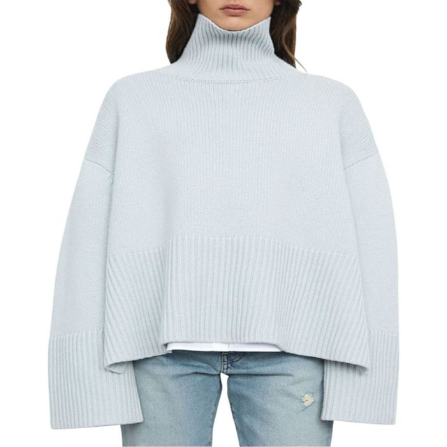 Women‘s Mock neck Sweaters Casual Long Sleeves Striped Print Color Block/Solid Color Side Split Loose Fit Knitted Tops