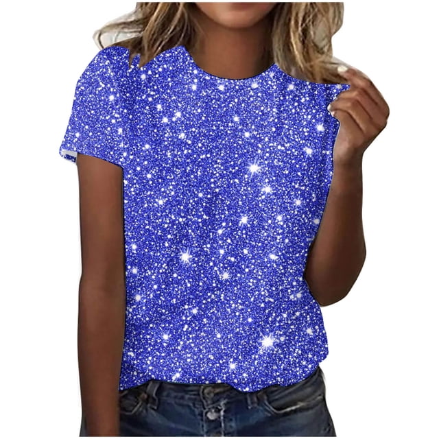 Plebaso T-Shirts de Mode pour Femmes à Imprimé Scintillant, Manches Courtes, T-Shirts Graphiques, Hauts Décontractés à Col Rond