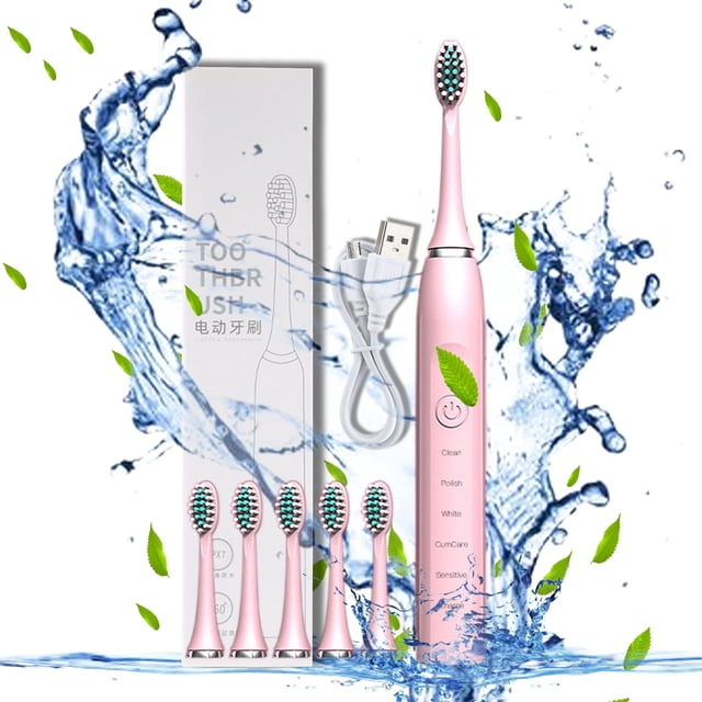 Electric Toothbrush with 6 Replacement Heads, 5 Cleaning Modes and Smart Timer, IPX7 Waterproof, USB Rechargeable, for Comprehensive Oral Care