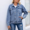 thumbnail image 4 of WRKEKC Veste en Denim pour Femme Camionneur Classique à Manches Longues Col Sans Capuchon Poids Moyen Extensible Incontournable Confortable Décontractée pour Tous les Jours pour l'Automne Bleu TG, 4 of 5
