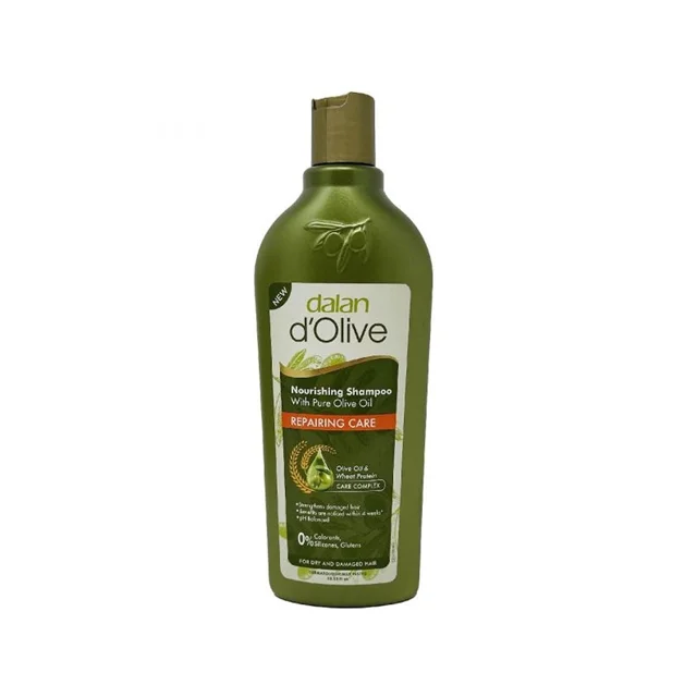 DALAN D'OLIVE Shampooing Nourrissant 400 ml Soin Réparateur, Emballé dans une Bouteille Verte avec un Bouchon à Rabat Doré. l'Étiquette Met l'Accent sur le Complexe de Soin à l'Huile D'OLIVE pure et aux Protéines de Blé, Conçu pour les Cheveux Secs et Abîmés. Vendu en Lot de 6.