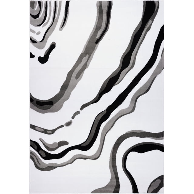 Ladole Rugs Calvin Blanc Noir Abstrait Tapis en Polypropylène, un Tapis d'Accent Rectangulaire avec un Motif Abstrait Monochrome dans des Tons Blanc, Noir et Argent. Fabriqué à Partir de Polypropylène de Haute Qualité, Ce Tapis Fabriqué à la Machine Présente une Poil Doux pour le Confort et Complète des styles de Déco Contemporains Ou Modernes.