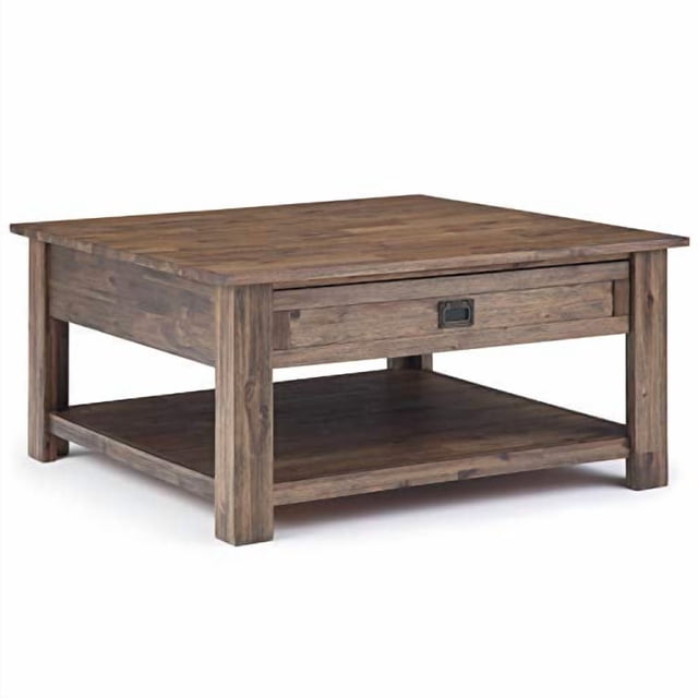 Simpli Home Monroe Solid Acacia Wood Coffee Table with Two Drawers and Open Storage, Rustic Natural Aged Brown