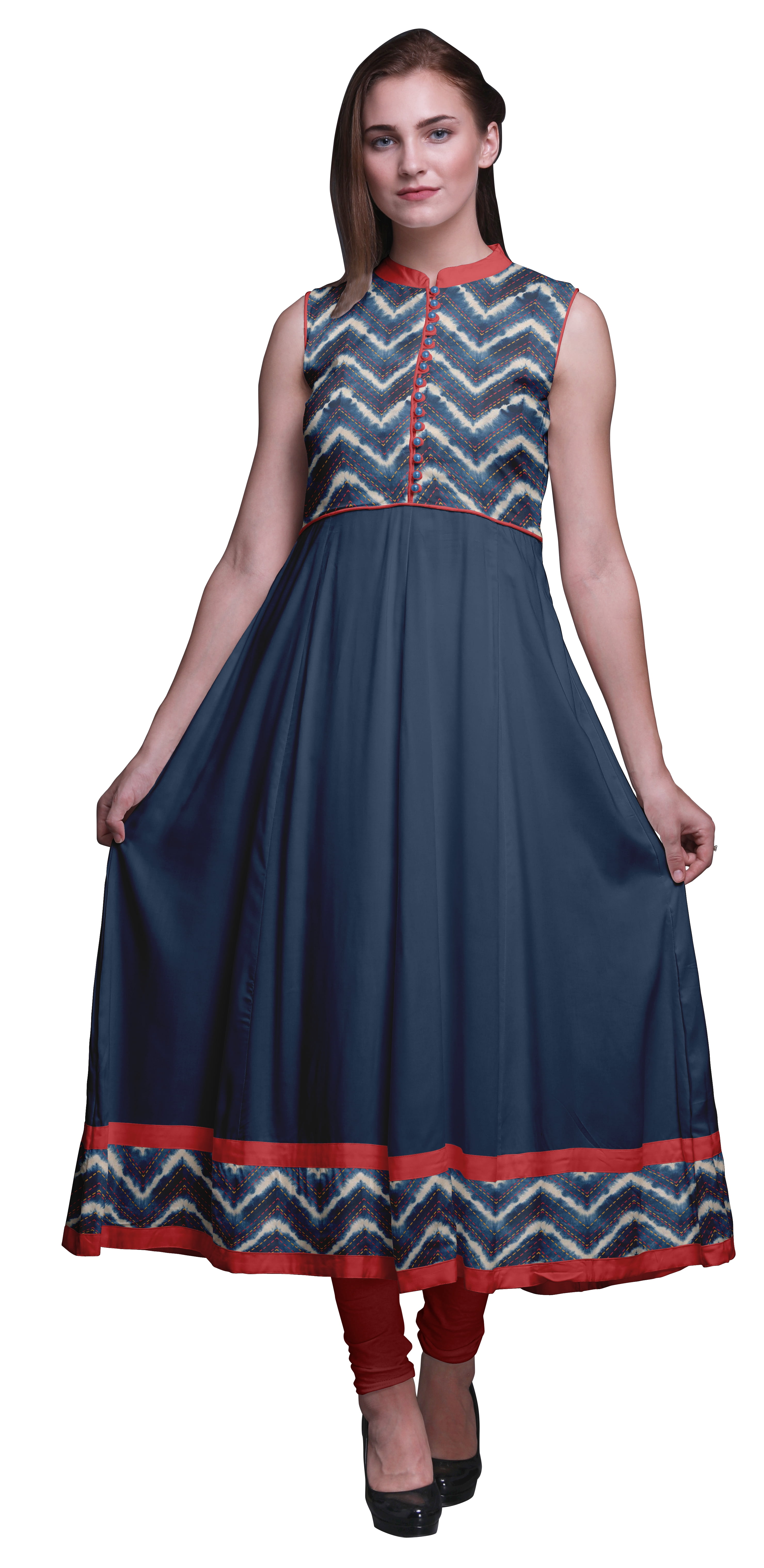 Bimba Robe Anarkali à Col Mandarin Imprimée Shibori Indigo Blue2 pour Femme, Kurta Ethnique Indienne, Petit