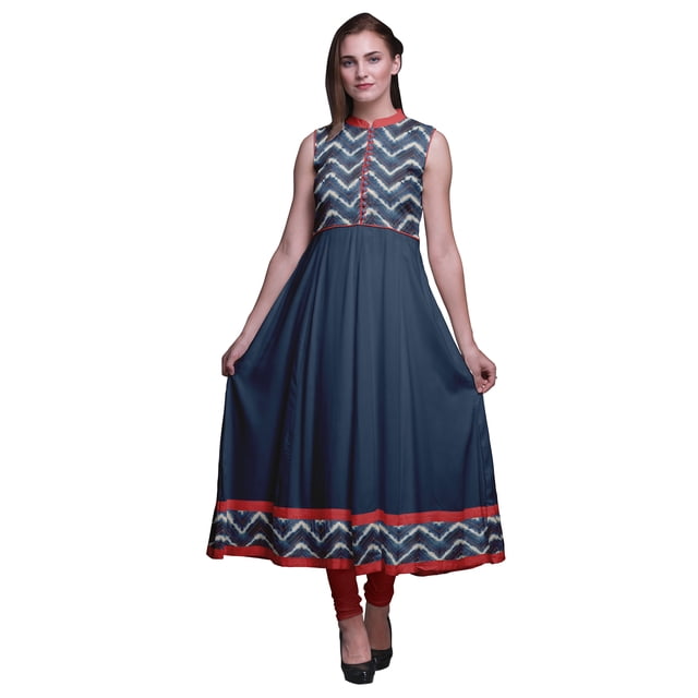 Bimba Robe Shibori Anarkali Bleu Indigo2 pour Femmes Kurti Imprimé Ethnique Indien Longue Kurta Robe de Soirée X-Small