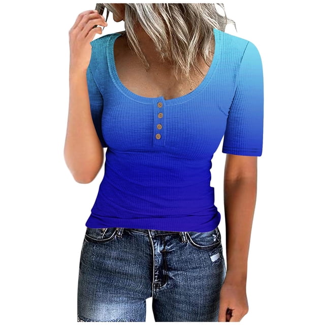 UPPADA Women's Summer Tops Short Sleeve V Neck Ribbed Knit Tees Trendy Button Front T Shirts Henley Solid Color Shirts Vacation Oufits Blue,S