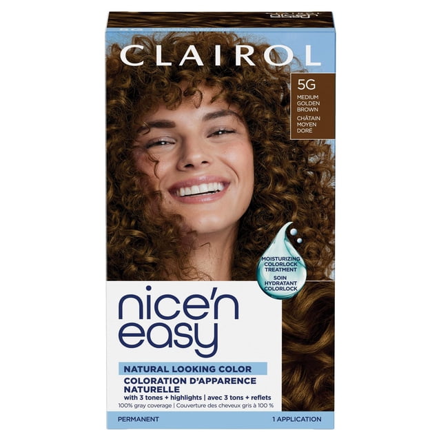 Clairol Nice'n Easy Permanent Hair Dye permanent hair colour kit with front-facing box showing permanent colour creme, colour-activating lotion and ColorSeal conditioner; 3-tone blend for natural-looking colour, 100% gray coverage and fresh floral scent; often used for root touch-ups.
