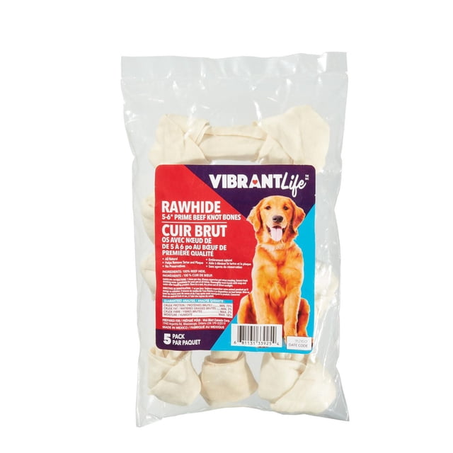 Vibrant Life Rawhide Knot Bone 5-pack with 5-6 inch all-natural prime beef knot bones for dogs, packaged in a clear resealable bag featuring a red and blue label with product details and a golden retriever image, supporting dental health by helping remove tartar and plaque.