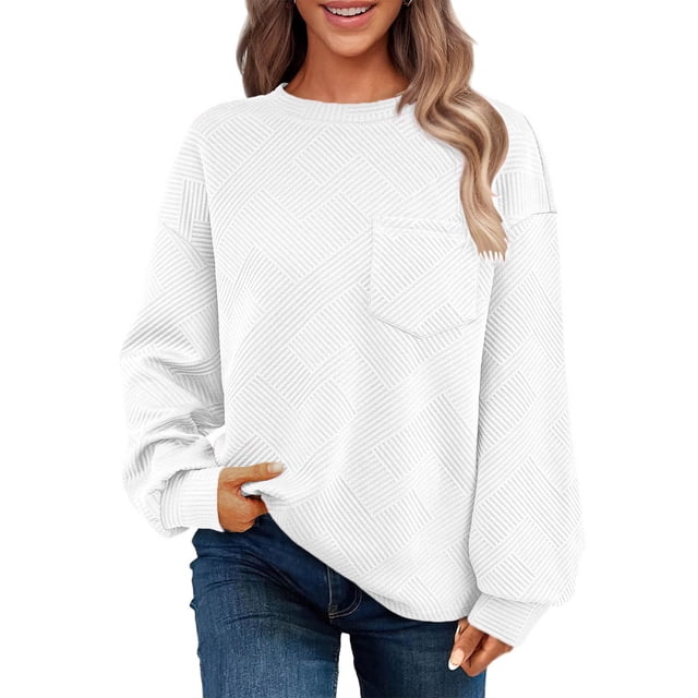 Chandail en Molleton Ultra Doux Texturé pour Femmes Col Rond Manches Longues Tuniques Blouses avec Poches Confort Décontracté Athlétique Chandail Blouses Tenues Automne Hiver