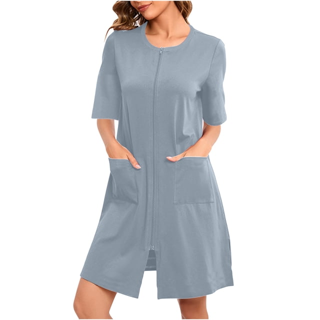 AherBiu Robe d'Intérieur Zippée pour Femme, Peignoir à Fermeture Éclair devant, Pyjama Léger, Peignoirs, Manches 1/2, Tenue de Détente avec Poches