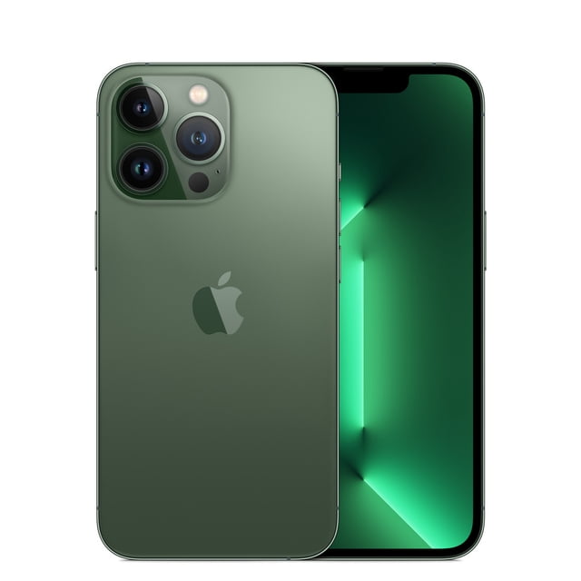Apple iPhone 13 Pro Max 128 Go Téléphone Intelligent Déverrouillé en Vert Alpin, Certifié Remis à Neuf comme Neuf. Présente un design Épuré avec un Grand Écran Super Retina XDR et un Système Avancé à Triple Caméra. la Vue Arrière Met en Valeur la Finition Vert Alpin et la Configuration à Triple Caméra, pendant Que la Vue avant Met en Valeur l'Écran Bord à Bord. Comprend un Chargeur Lightning vers USB-A et un Outil de Retrait de Carte SIM pour Plus de Commodité.