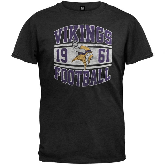 Minnesota Vikings - Inaugural Logo Premium T-Shirt in black 100% cotton space dye fabric, featuring a distressed print of the team's name, inaugural year '1961,' and Viking logo in purple and gold. Ideal for men's casual wear and officially licensed by Old Glory.