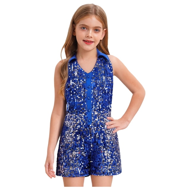 renvena Short Sequin Jumpsuits Pageant Romper For Girls Jazz Hip Hop Dancing Wedding Evening Royal Blue 14