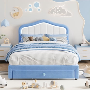 Full Upholstered Kids Bed Frame with LED Lights & Storage Drawer – Cute Velvet Platform Bed for Girls & Boys, No Box Spring Needed