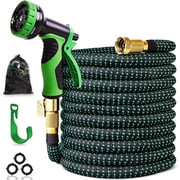 GHSDFBB Hose Garden Expandable Hose, Durable Flexible Rubber Water Hose,9 Function Spray Hose Nozzle, 3/4" Solid Brass Connectors, Extra Strength Fabric (Green-Black FT100)