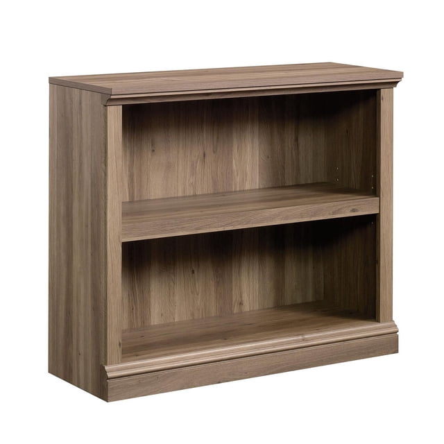 Sauder Select 2-Shelf Bookcase in natural wood finish with two spacious shelves, including one adjustable shelf for flexible storage, featuring decorative molding on top and base, ideal for home office or multi-room storage.