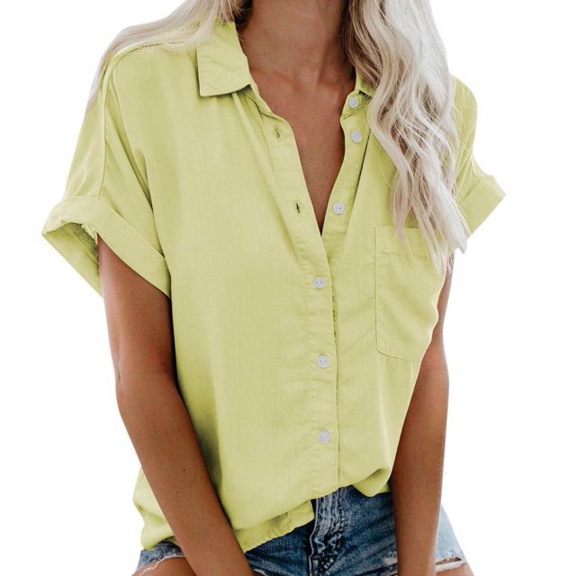 cfhntfmh Button down Shirts for Women Short Sleeve Collared V Neck Blouse 2025 Solid Color Business Tops with Pocket