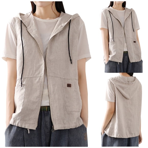 EGNMCR Sleeveless Hooded Casual Outwear & Jackets Women's Hooded Linen Cardigan Casual Loose Stitching Sleeveless Vest Short Jacket Women's cotton and linen vest