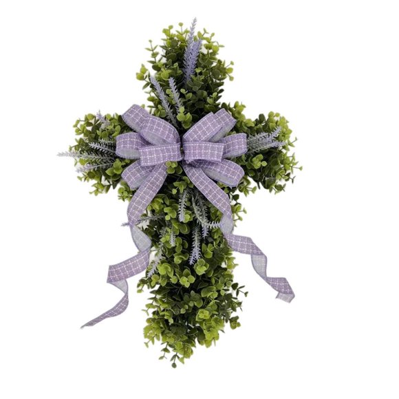SIYTUAU Easter Wreath Door Hanging Decorative Lavender Faux Flowers Plastic Material For Front Door Church Cemetery Decor 15.8 Inch Diameter