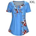 thumbnail image 1 of T-shirt Imprimé Femmes Été Col Rond Chemisier Court Femmes Imprimé T-shirt Manches Chemisier Ample Top, Bleu, XXL, 1 of 8
