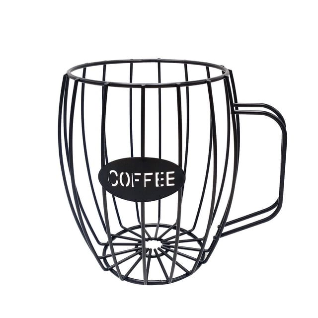 Relocy-Crazy Clearance! Rack, Cup Holder and Coffee Pod Holder K Cup Organizer with a large capacity, designed in a black metal wireframe shaped like a coffee mug with a handle. The front features a cutout label reading 'COFFEE.' Ideal for storing K-cups, coffee pods, or other small items on kitchen counters, coffee bars, or cafes. Compact yet spacious, measuring 7.8 x 6.63 x 6.63 inches.