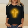 thumbnail image 2 of RKSTN Hauts pour Femmes Mode Décontractée Imprimé Crucifix Col Rond Manches 3/4 T-Shirt Couleur Unie Ajusté Blouse Printemps Été, 2 of 4