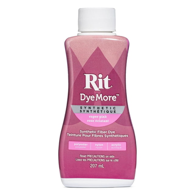 Rit Dyemore Liquid Dye for Synthetic Fibers in super pink, 207 ml bottle with white cap, designed for dyeing polyester, nylon, and acrylic fabrics, ideal for fabric crafting and synthetic fiber dyeing projects, label shows bilingual English and French text.