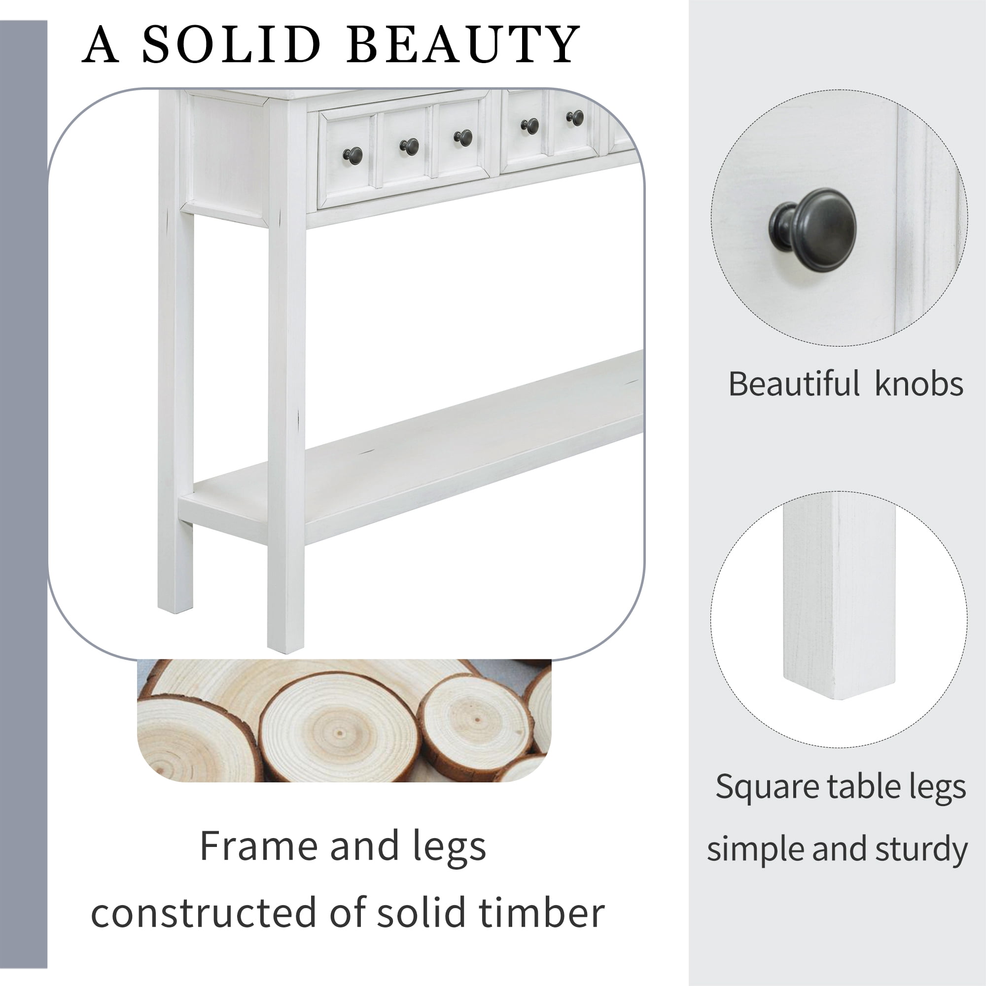 Noble House Rustic Entryway Console Table, 60" Table with two Different Size Drawers and Bottom Shelf for Storage ,Antique White
