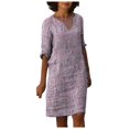 thumbnail image 1 of Zmoon Women's Cotton Linen Small V-Neck Retro Three-Quarter Sleeve Dress, 1 of 5