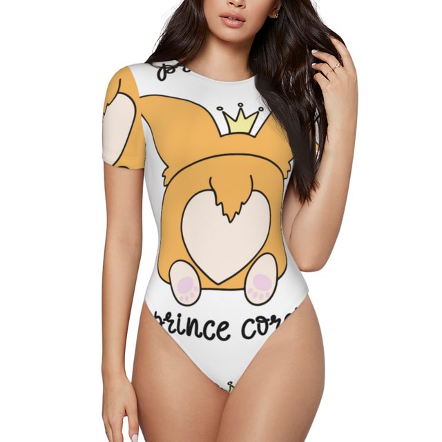 Balery Prince Corgi Dog Pattern Women's Short Sleevee Crew Neck Bodysuit Tops Short Sleeve Tops Basic-Large