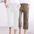 thumbnail image 4 of Timegard 2pc Capri Pants for Women Cotton Linen Elastic Waist Loose Lounge Crop Pants Pockets Solid Color, 4 of 7