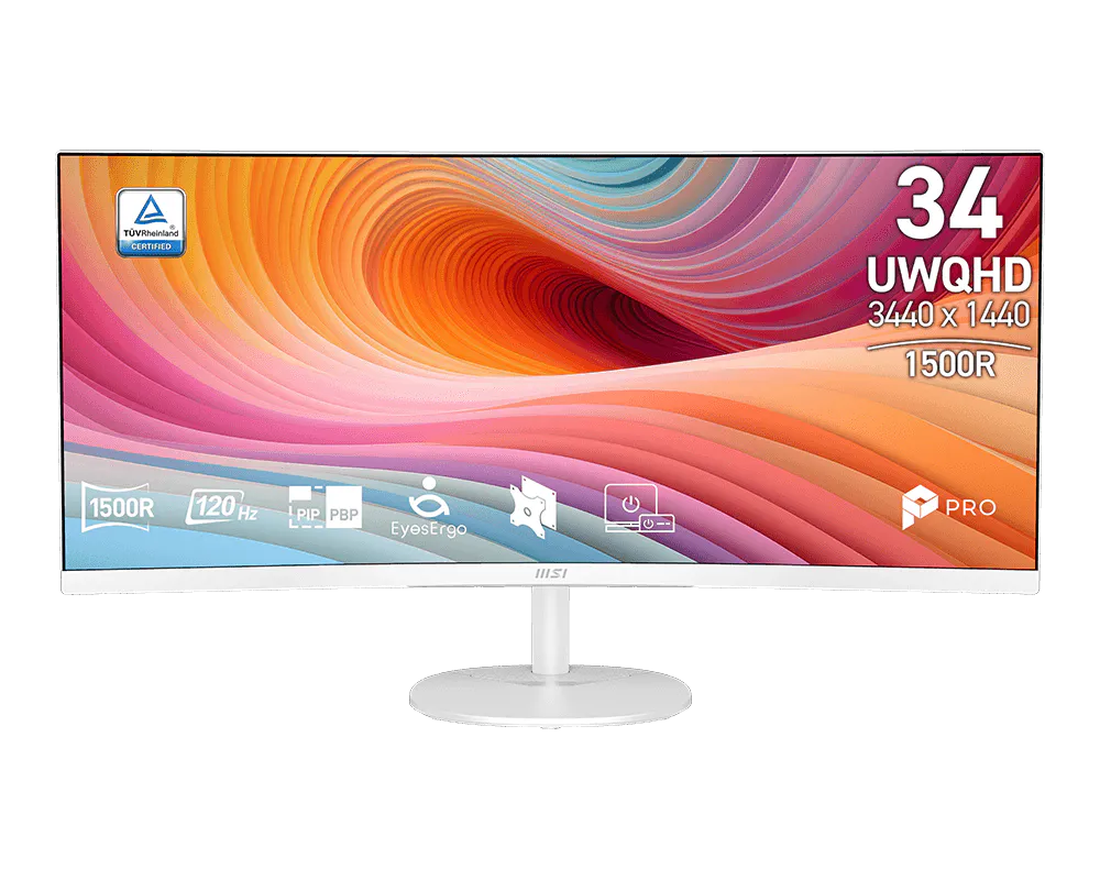 MSI Moniteur VA incurvé de 34 po 3440x1440 (UWQHD) 120Hz 1ms (MPRT) Inclinaison réglable avec haut-parleur (PRO MP341CQW E12) - Blanc