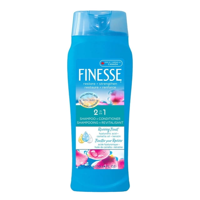 Finesse Shampooing et Revitalisant 2-en-1 en Bouteille Bleue de 300 ml avec Bouchon à Clapet, Contenant de l'Acide Hyaluronique, de l'Huile de Camélia et de la Kératine pour Restaurer et Renforcer les Cheveux, Fabriqué au Canada, Idéal pour le Nettoyage et le Conditionnement Quotidiens.