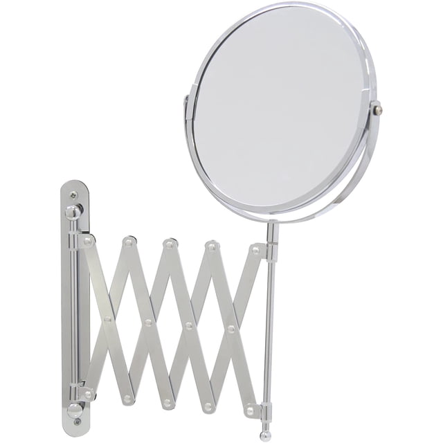 Vanity mirror bathroom mirrors wall mounted with lights and magnification. This double-sided makeup mirror features a chrome-plated, rust-free iron frame with a silver finish. It includes one and three times magnification options and an extendable accordion-style arm for adjustable positioning. The mirror has a diameter of approximately 16 cm and a height of 56 cm. Suitable for shaving or applying makeup, it comes with fastening material for wall mounting.
