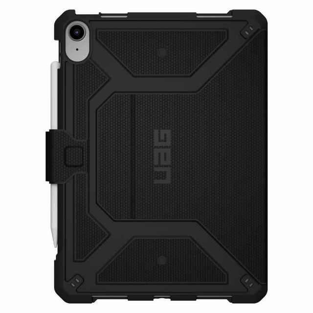 Metropolis Folio Rugged Case iPad 10.9 2022 (10th Gen) Black shown from the back with a textured black composite shell featuring reinforced corners and honeycomb pattern. It includes a dedicated Apple Pencil holder, precise cutouts for camera and ports, and an embossed Urban Armor Gear logo. Designed for military drop protection with a tactile grip and multi-angle stand support.
