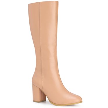 BLISSFUL STEP Women's Round Toe Block Heels Knee High Boots Nude (Size 6)