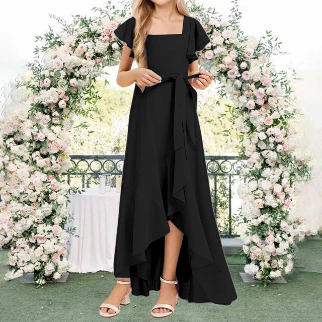 XIMIN Girls Plus Size Square Neck Solid Color Chiffon Bridesmaid Dresses Formal Cocktail Party Dresses with Sleeves Ruffle High Low Evening Formal Dress