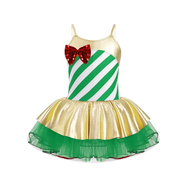 Hansber Justaucorps Robe Tutu de Danse Patinage Artistique à Rayures Canne de Bonbon pour Filles Fête des Fêtes Costume de Noël Vert 12