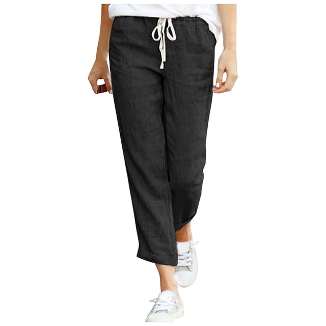Yuyuzo Womens Cotton Linen Slacks Plus Size Lounge Pants Drawstring Waist Straight Leg Trousers Solid Color