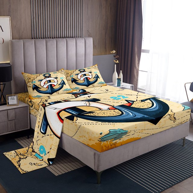 Erosebridal Vintage Anchor Sheet Set Twin, Retro Nautical World Map Bedding Sets Twin Size 3pcs