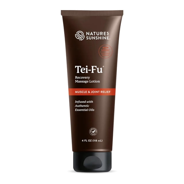 Tei-Fu Muscle Recovery Lotion by Nature's Sunshine, a 4 fl oz (118 mL) tube of natural pain relief cream infused with essential oils like menthol, wintergreen, camphor, eucalyptus, and clove. Provides deep penetration for back pain relief, sore muscles, and stiff joints, while offering aromatherapy benefits and moisturizing the skin.