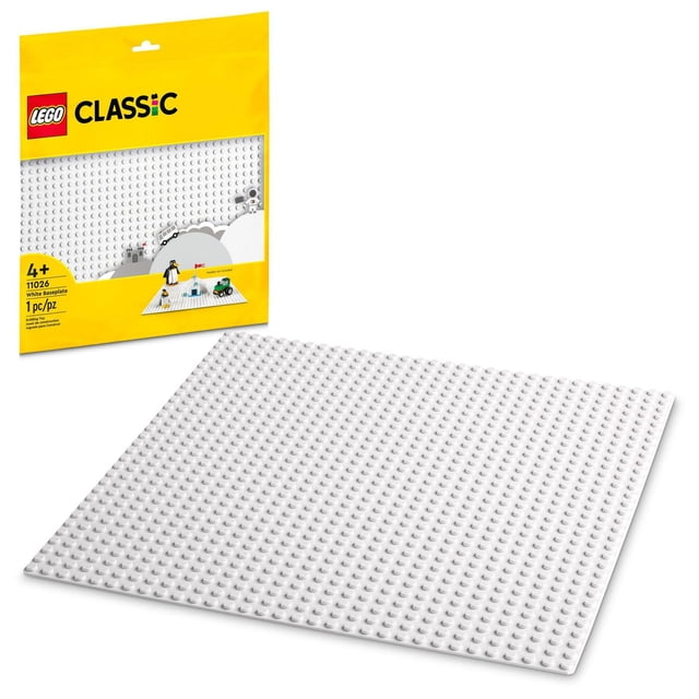 LEGO Classic White Baseplate 11026 toy building kit featuring a 32x32-stud white plastic baseplate measuring over 9.5 inches square, ideal for creating sturdy LEGO building landscapes and encouraging open-ended creative play for children aged 4 and up.