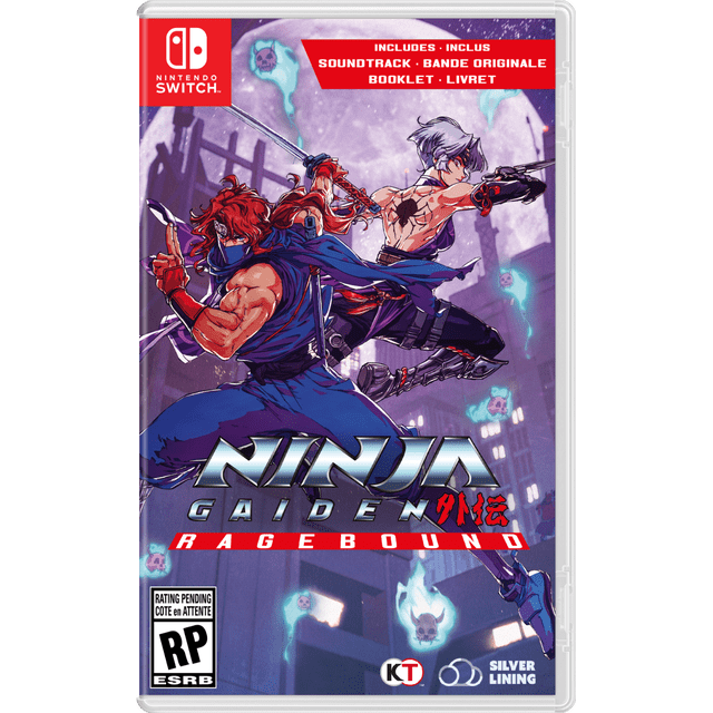 Couverture de Jeu Nintendo Switch NINJA GAIDEN RAGEBOUND Mettant en Vedette Deux ninjas en poses d'Action Dynamiques Brandissant des Épées contre un Paysage Urbain Violet avec une Grande Lune. un NINJA Porte une Tenue Bleue avec un Masque et des Cheveux Rouges, l'Autre a des Cheveux Argentés, un Tatouage d'Araignée Noir au Dos, et des Doubles Épées. Comprend une Bande Sonore et un Livret, avec Nintendo Switch, KOEI TECMO, et les logos silver Lining Interactive.
