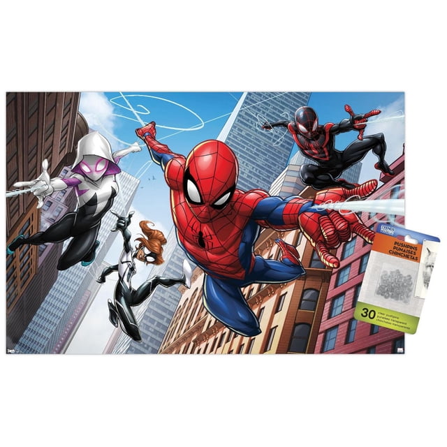 Marvel Comics - Spider-Man - Web Heroes Affiche Murale, 22,375 Pouces x 34 Pouces Affiche Encadrée Représentant Spider-Man en Rouge et Bleu Se Balançant à Travers un Paysage Urbain avec des Gratte-Ciel, Accompagnée de Spider-Gwen en Blanc et Noir, Spider-Woman en Noir et Blanc, et Miles Morales en Noir et Rouge. l'Affiche Présente un style d'Art de Bande Dessinée Moderne avec des Sentiers de Toile et Est Idéale pour Décorer des Chambres, des Bureaux Ou des Dortoirs