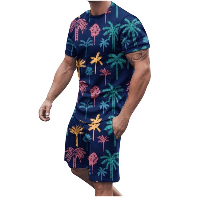 Mikilon Mens Trendy Outfits 2-Piece Set Hawaiian Print Short Sleeve Elasticized Shorts Casual Two Piece Set Blue M