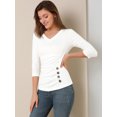 thumbnail image 2 of INSPIRE CHIC Women's Button Decor V Neck 3/4 Sleeve Solid Blouse Knitted Ruched Top, 2 of 6