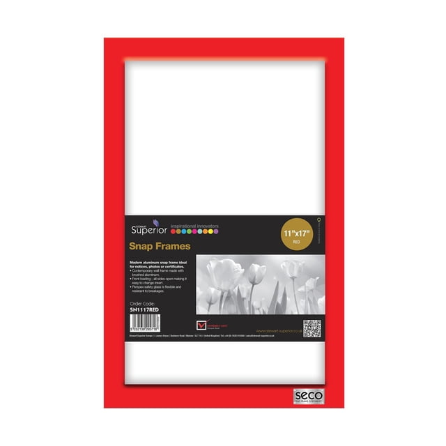 SECO Étui pour Cadre d'Affiche Snap, 11 x 17 Pouces, Rouge, Cadre Snap en Aluminium Anodisé Rouge Orienté vers l'Avant avec Profil de 25 mm et Fini Thermolaqué, Présentant une Étiquette Noire avec des Informations sur les Produits et une image Florale en Niveaux de Gris, Conçu pour des Changements Rapides d'Affiche avec Feuille avant en PVC Résistante aux UV et Antireflet, Idéal pour les Avis, photos Ou Certificats.