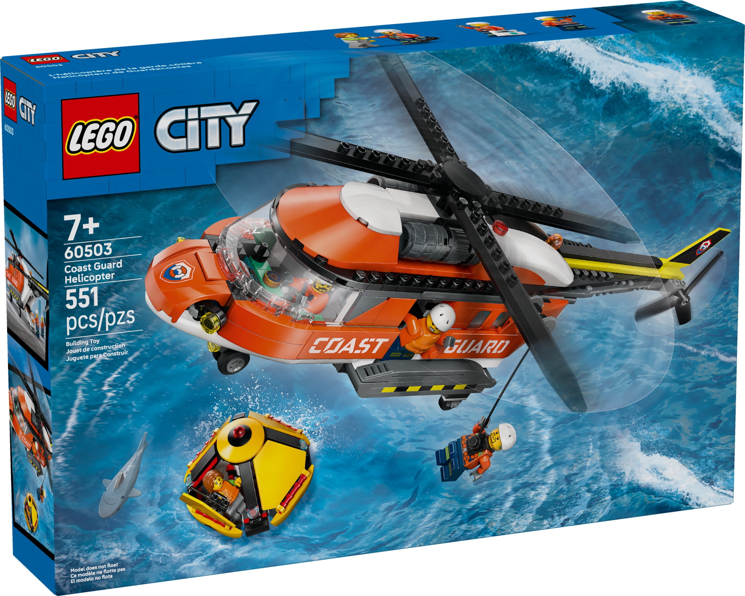 LEGO City Coast Guard Helicopter Building Toy for Kids - Pretend Play Emergency Response Set for Boys & Girls, Ages 7+ - Includes 4 Minifigures, Shark, & Rescue Pod - Gift Idea for Birthdays - 60503