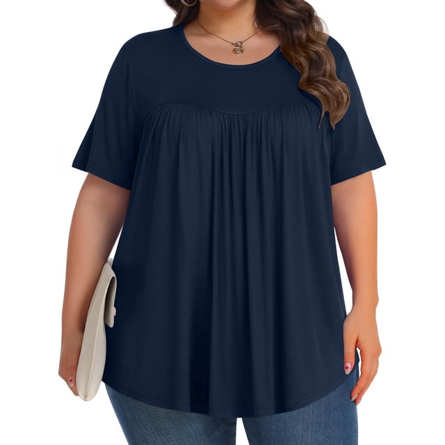 Aqestyerly Blouse à Manches Courtes pour Femmes Grande Taille, Col Rond Uni Plié, Haut en Tricot Doux et Confortable pour Tenue Décontractée